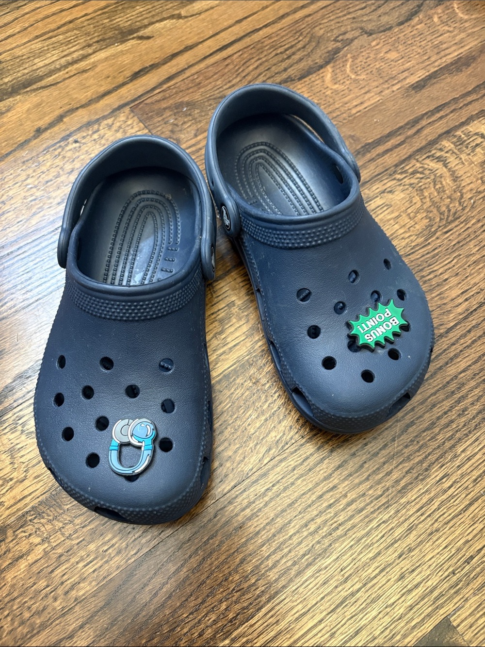CROCS Navy Kids Clogs with Green and Teal Jibbitz Charms